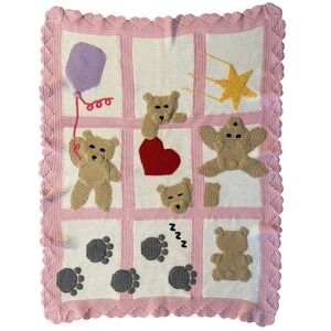 Handmade Vintage Crochet Baby Blanket – Teddy Bears, Hearts & Stars 35"x46"